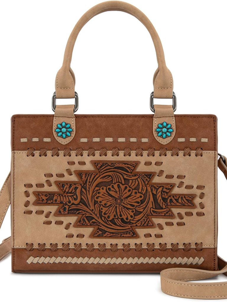 Women's Tooling Top Handle Purse Western Style Woven And Floral Handbag